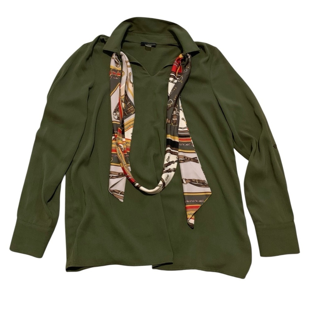 Renauar Olive Green Button-Cuff Blouse | Attached Scarf | Size M
